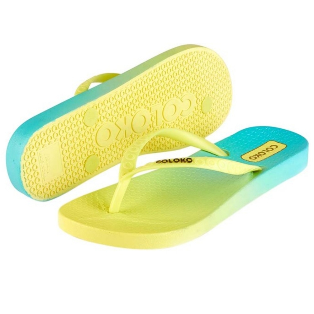 👣COLOKO,💦 Yellow & Aqua Ombré TI Flip Flops footwear